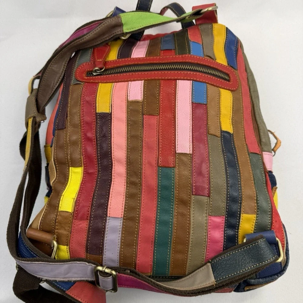 VTG Amerileather‎ Leather Backpack Multi Color Rainbow Flower Boho Denim Bag Y2K